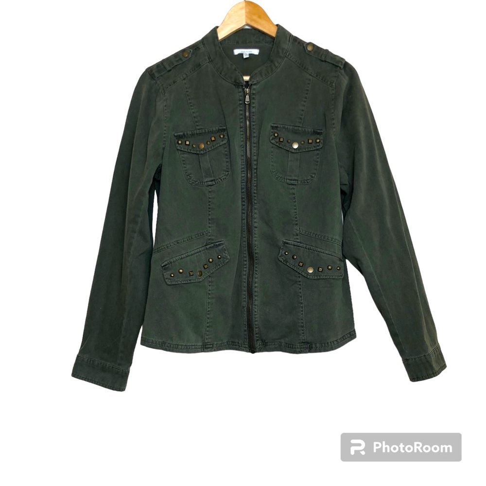 Maurice’s Military Jacket Womens Large Gold Studs 100% Cotton Zip Up Blazer